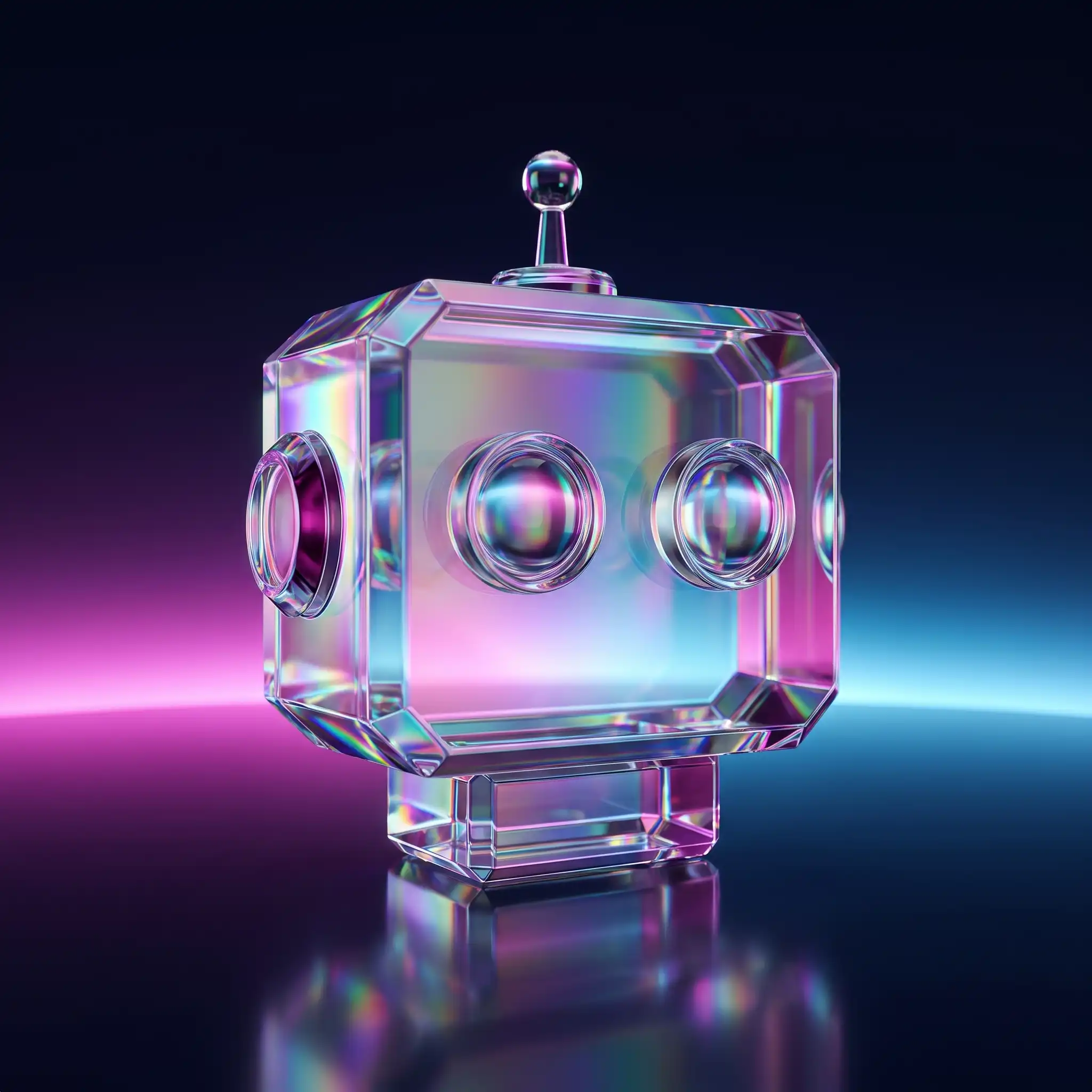 Holographic glass robot head on a dark reflective floor