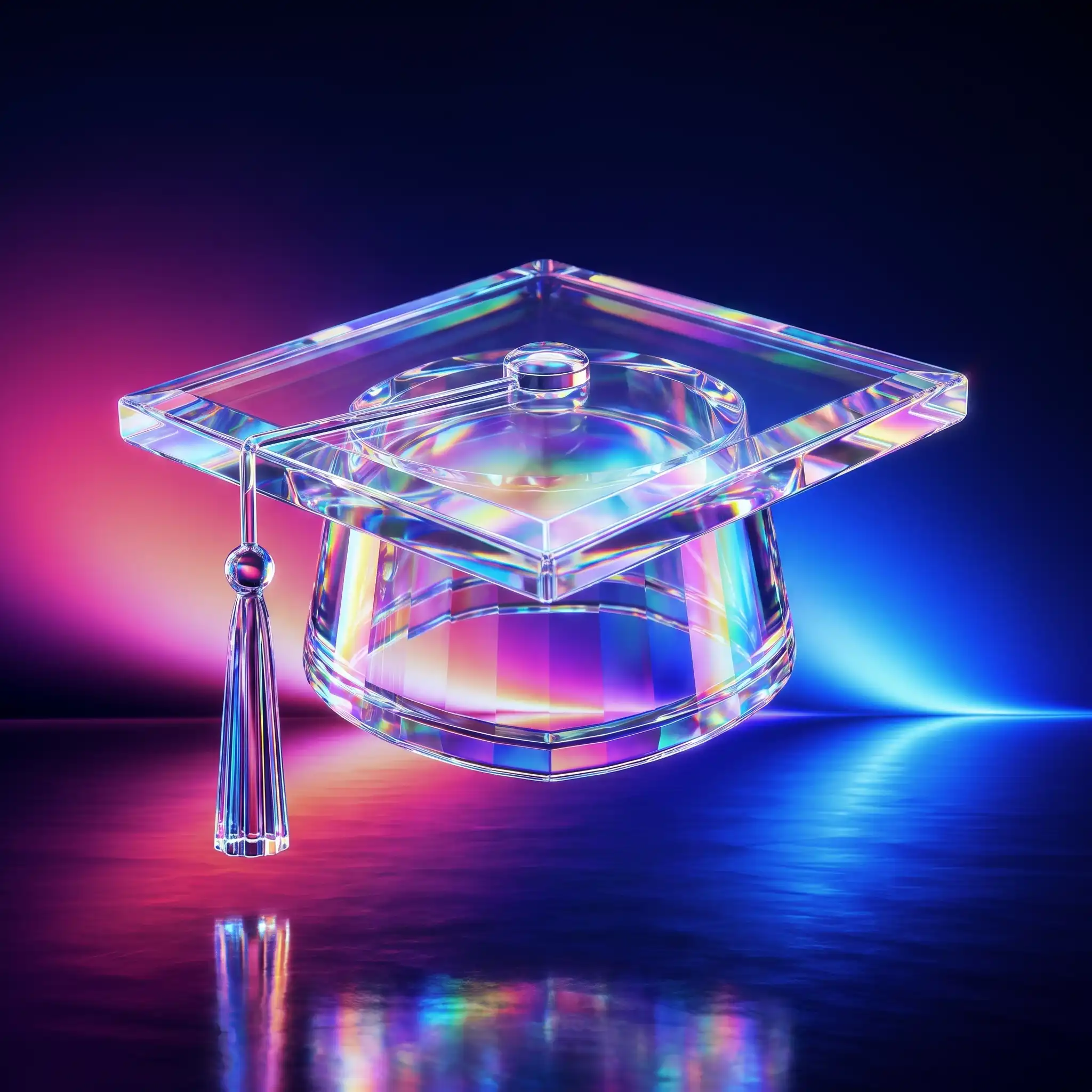 Holographic glass graduation cap on a dark reflective floor