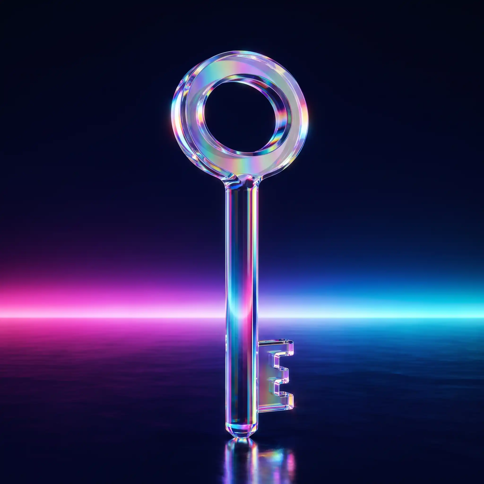 Holographic glass key on a dark reflective floor
