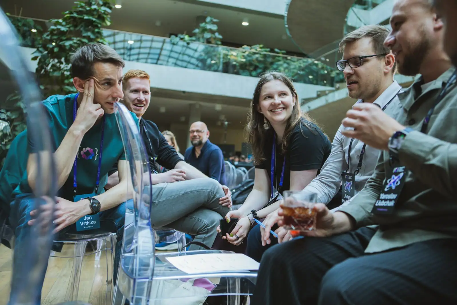 A small group of engineering leaders laughing together at ELC Conference 2026.