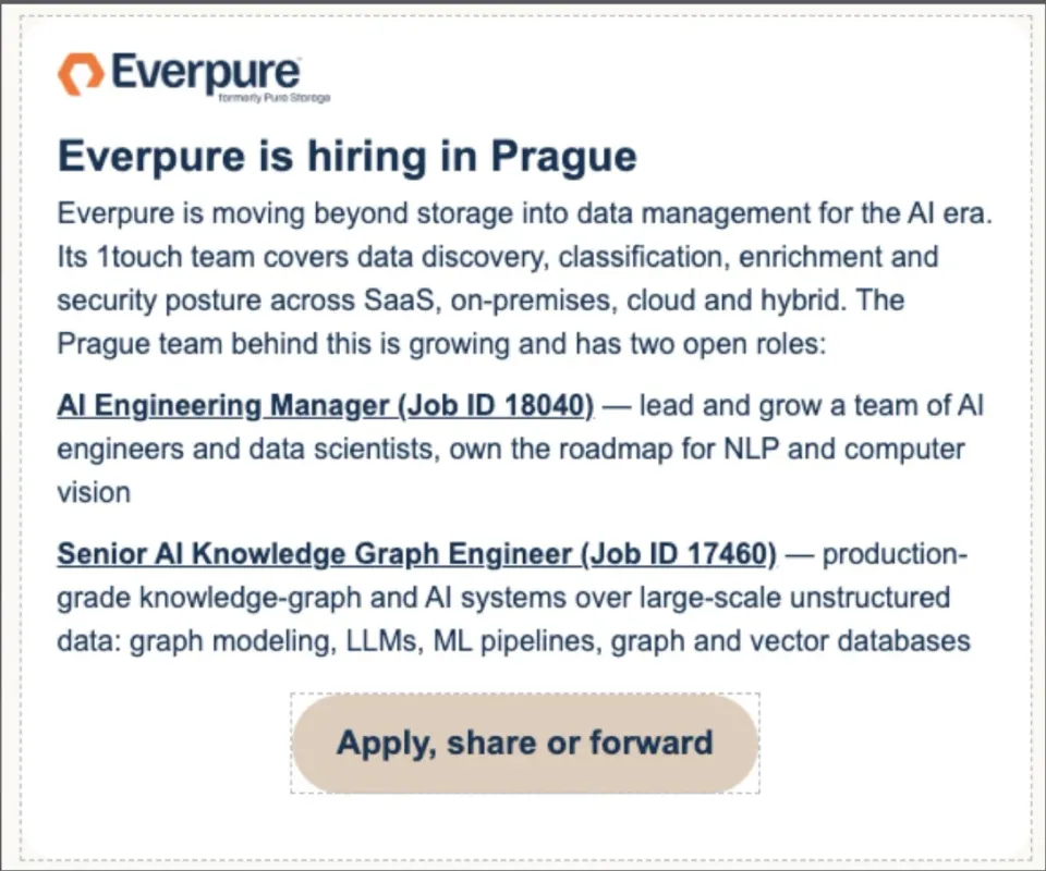 Everpure is hiring in Prague: AI Engineering Manager and Senior AI Knowledge Graph Engineer, ELC newsletter #26