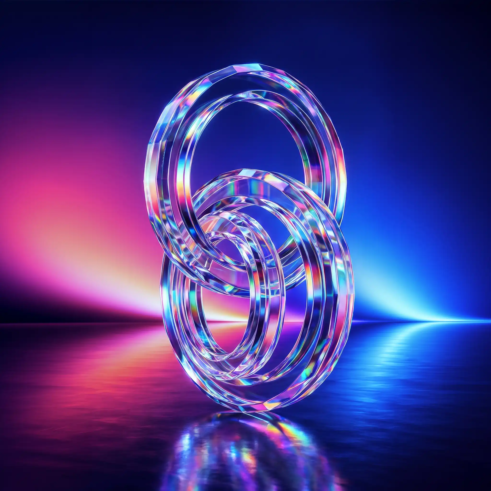 Three interlocking holographic glass rings on a dark reflective floor