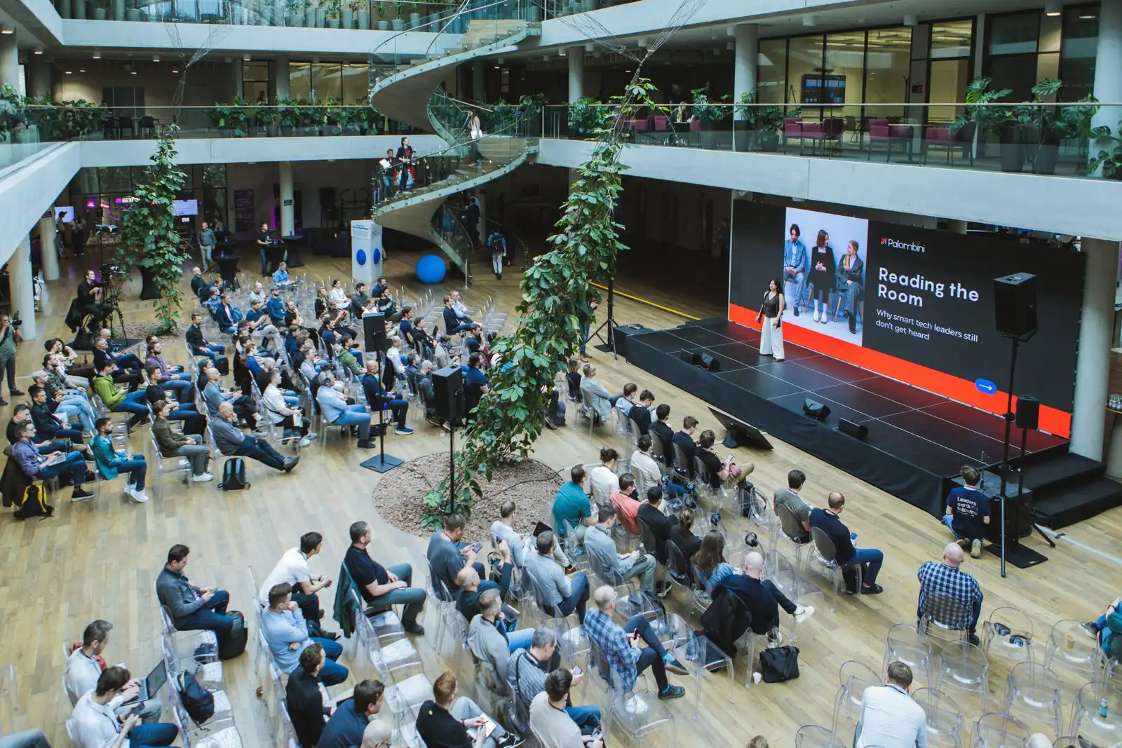 A talk in the ELC Conference 2026 atrium.
