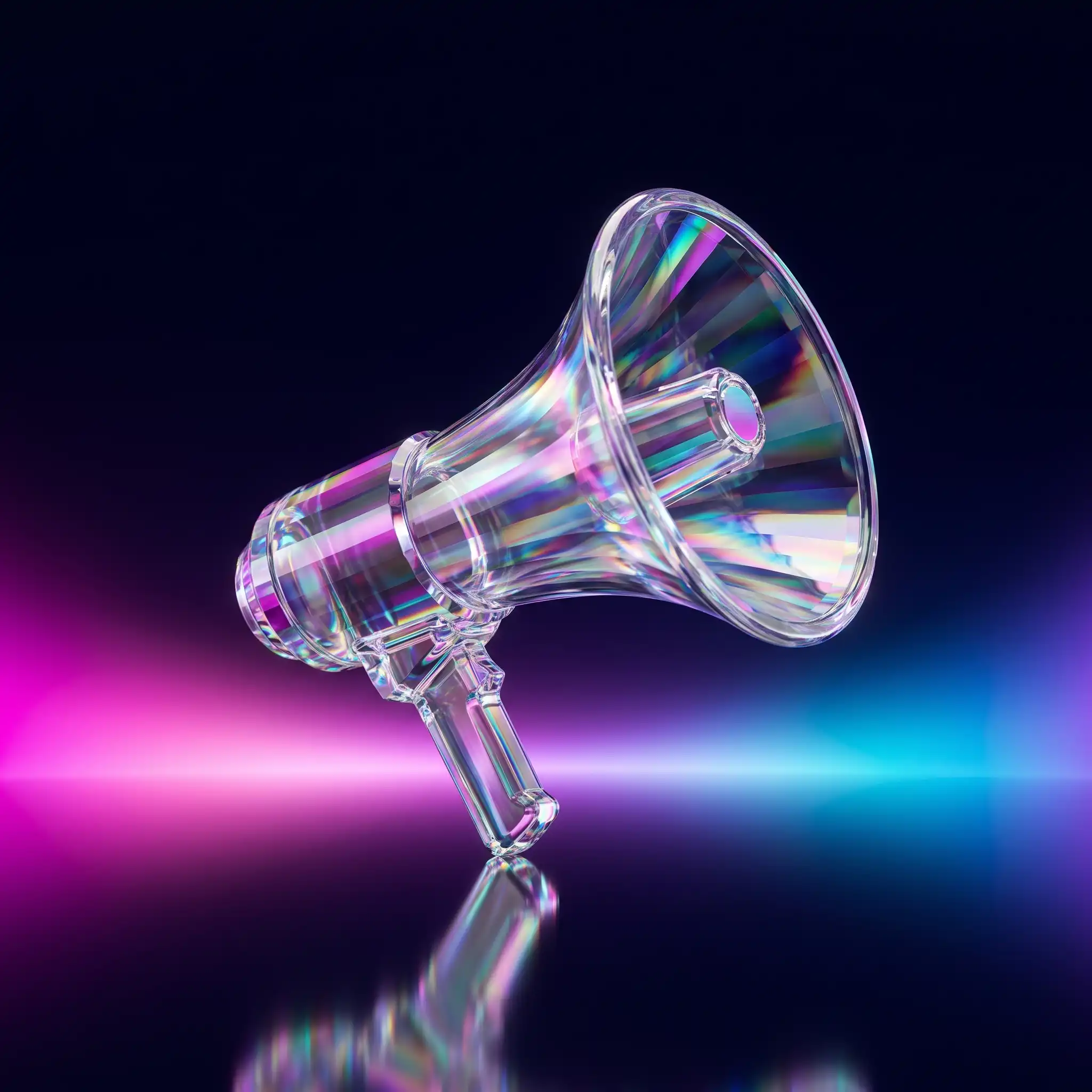 Holographic glass megaphone on a dark reflective floor