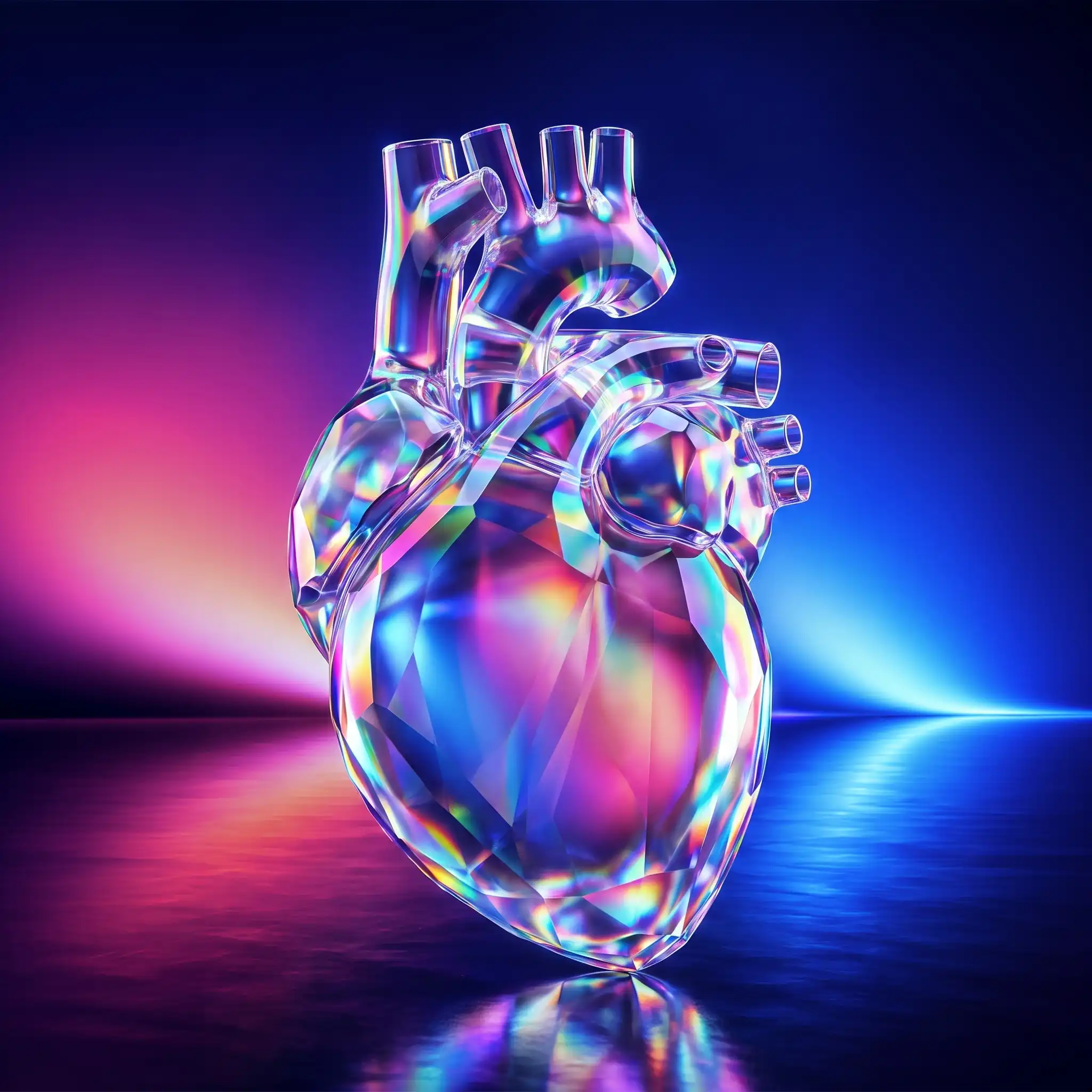 Holographic glass heart on a dark reflective floor